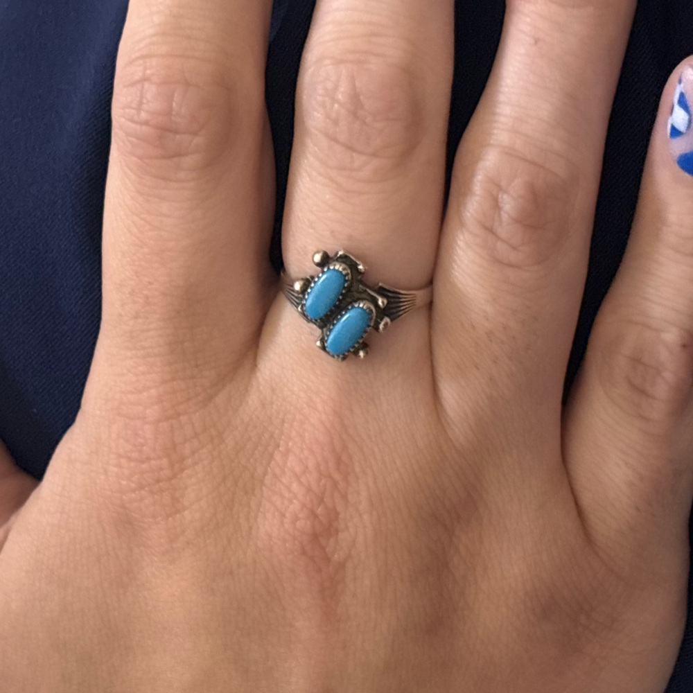 Vintage Bell Company Sterling Silver Turquoise Double Stone Ring size 7 native